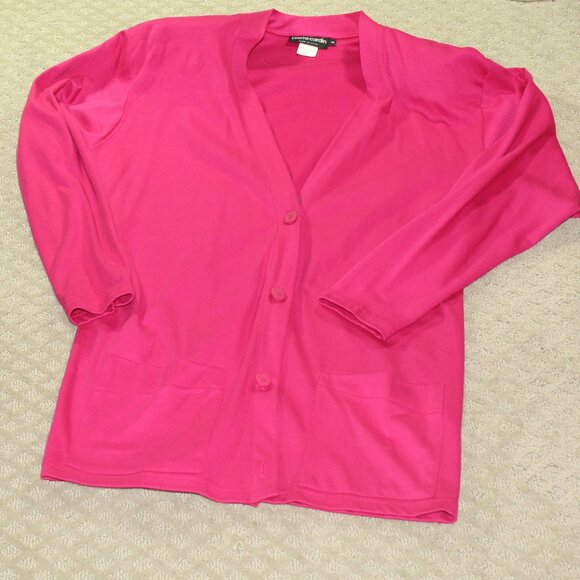 Vintage 80s Pierre Cardin Fuchsia Pink Cotton Knit Shoulder Pads Long Cardigan - Picture 1 of 7